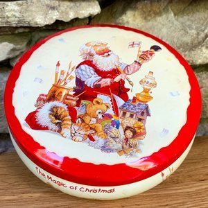VTG Santa Tin Magic of Christmas Workshop Holiday Cookies Cat Teddy Bear